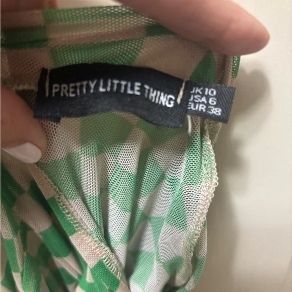 Pretty Little Thing green Checkerboard Print Mesh High Neck Bodysuit Size 6 - Picture 7 of 10